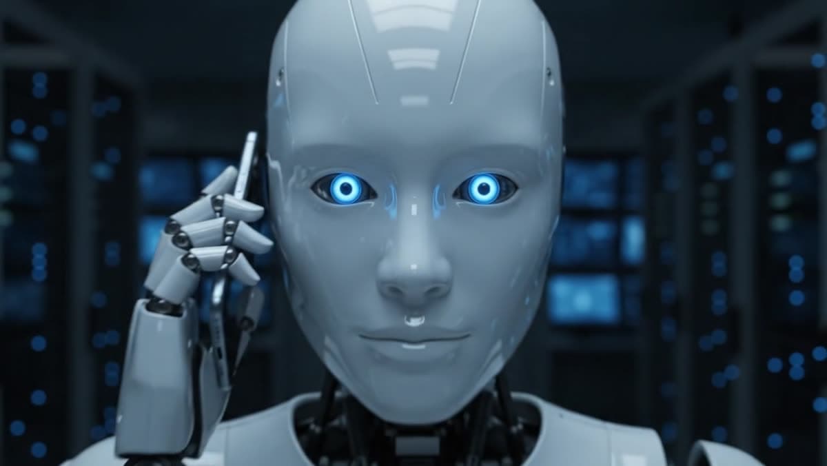 Telefonu kulağına götürmüş insansı robotun yakın çekimi.
