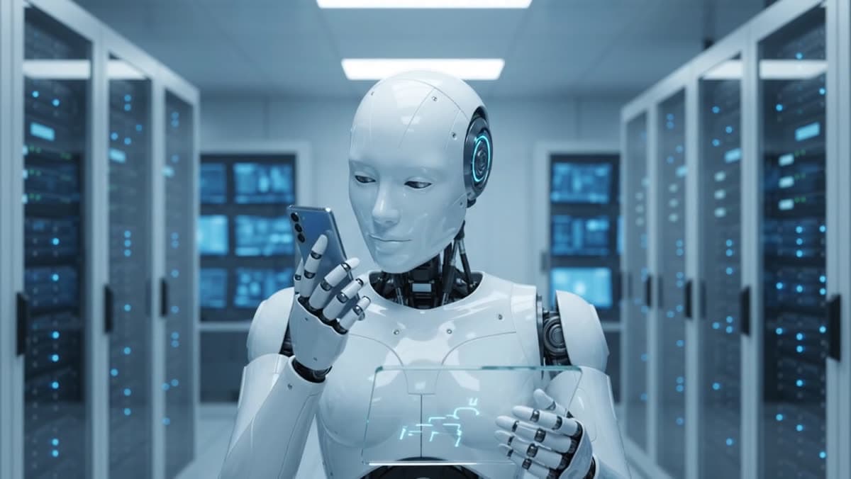 Elindeki telefonun ekranına bakan insansı robot.